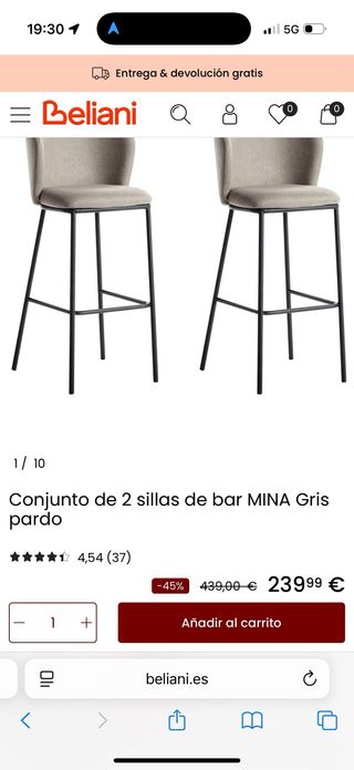 Taburete de bar tapizado greige