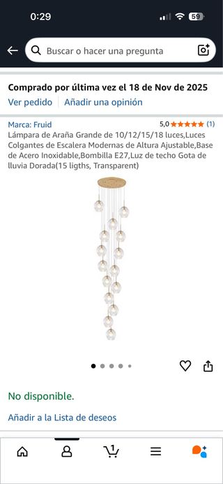 Lámpara colgante 15 bolas cristal dorada