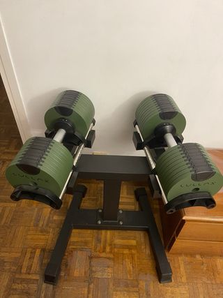 Mancuernas Lullax 40.5kg, soporte + banco top