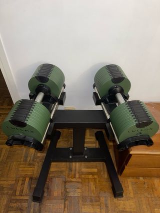 Mancuernas Lullax 40.5kg, soporte + banco top