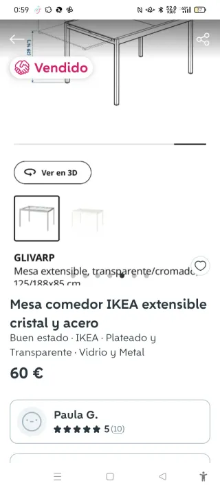 Mesa extensible Ikea cristal y metal