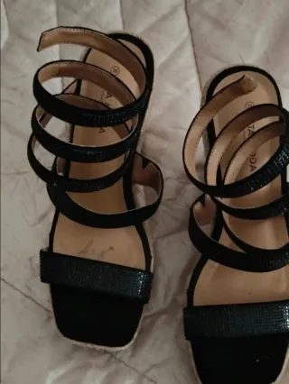 Sandali zeppa corda neri con strass