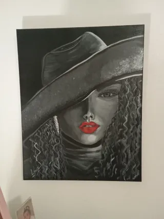 Cuadro pintado a mano .mujer con sombrero