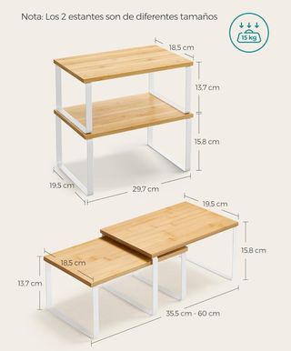 SONGMICS Estante para Especias, Juego de 2, Organizador de Armario, Estante de Almacenamiento de Cocina Extensible, Especiero de Metal y Madera de Ingeniería, Blanco Nube y Beige Natural KCS02NW
