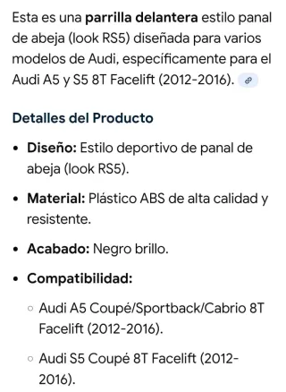 Parrilla Audi A5 RS5 Negra Panal