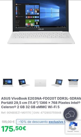 Portátil Asus VivoBook E203N 11.6" N3350 2GB/32GB