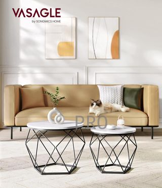 Tavolo da salotto rotondo VASAGLE, set di 2 tavolini, stile moderno, piano estraibile, struttura in acciaio, per soggiorno, bianco e nero LET040B59