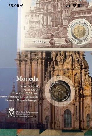 2€ ESPAÑA Santiago 2018+sello de 3€+sello en plata