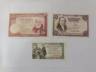 Billetes antiguos 50, 25 y 5 pesetas
