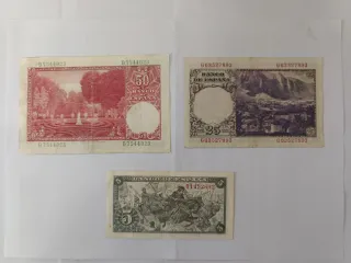 Billetes antiguos 50, 25 y 5 pesetas
