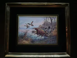 Cuadro de caza con perros y patos.
