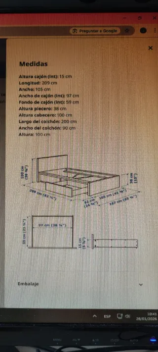 Cama individual 90x200cms con 2 cajones