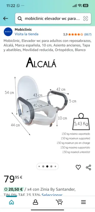 Elevador WC para adultos con reposabrazos.