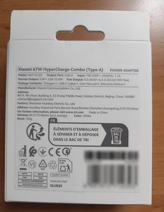 Cargador Xiaomi 67W (Tipo-A) y cable Xiaomi de 6A