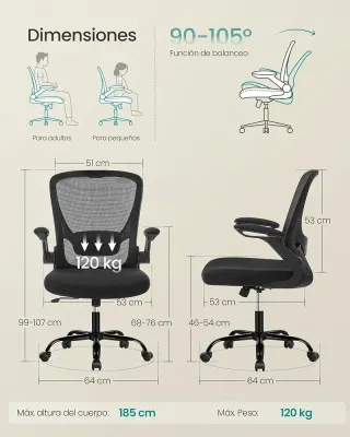 Silla de Oficina SONGMICS Ergonómica de Malla, Lumbar y Brazos Plegables