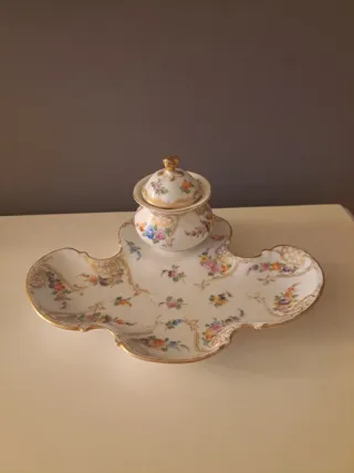 Tintero con bandeja antiguo porcelana pintado mano