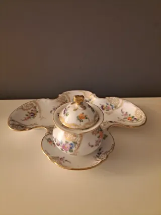 Tintero con bandeja antiguo porcelana pintado mano