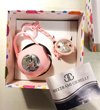 Porta ciuccio rosa con orsetto in argento