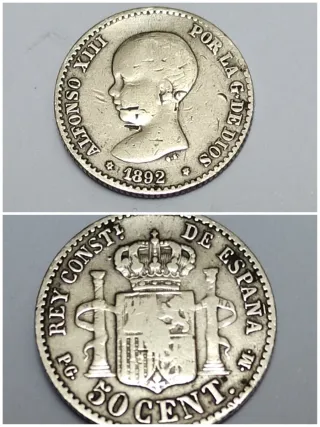 Moneda 50 céntimos Alfonso XIII 1892. Plata