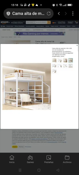 Cama alta de metal de 140x200cm. Con escalera