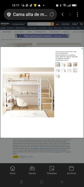 Cama alta de metal de 140x200cm. Con escalera