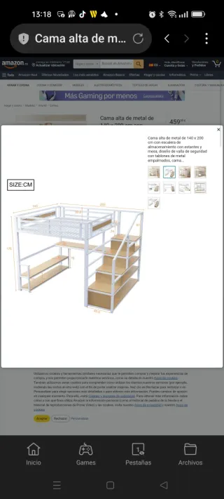 Cama alta de metal de 140x200cm. Con escalera