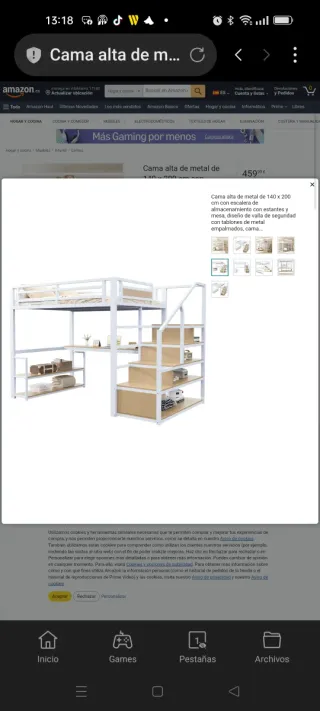 Cama alta de metal de 140x200cm. Con escalera