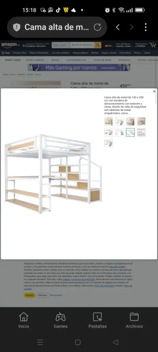 Cama alta de metal de 140x200cm. Con escalera