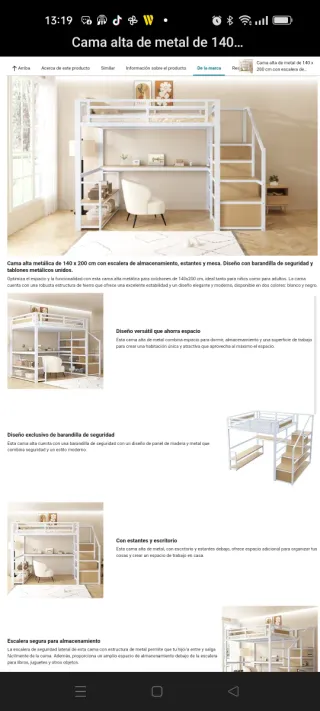 Cama alta de metal de 140x200cm. Con escalera