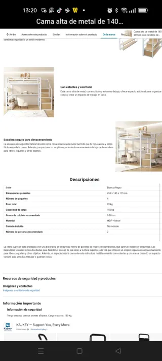 Cama alta de metal de 140x200cm. Con escalera