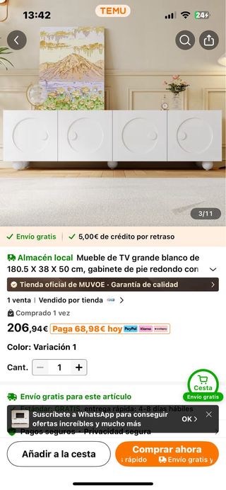Mueble TV blanco. Falta 1 caja pequeña (puertas)
