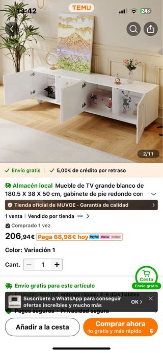 Mueble TV blanco. Falta 1 caja pequeña (puertas)