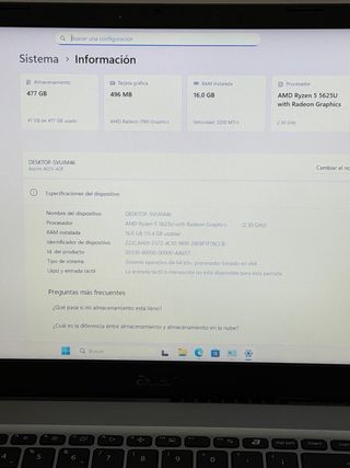 Portátil Acer Ryzen 5 16GB RAM 500GB SSD Garantia