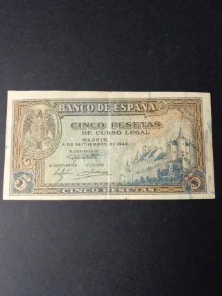 Billete 5 Pesetas Banco de España 1940.