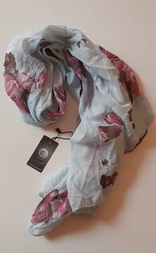 Pashmina seta e cotone azzurro floreale