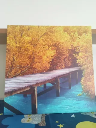 Cuadro paisaje puente agua otoño