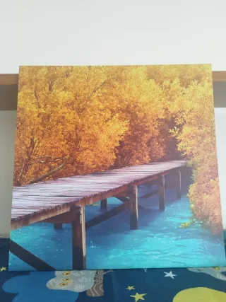 Cuadro paisaje puente agua otoño