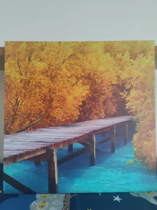 Cuadro paisaje puente agua otoño