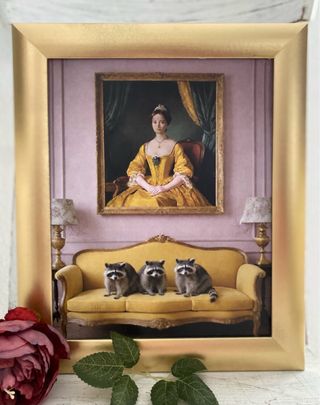 Cuadro dorado mapaches en sofá vintage amarillo