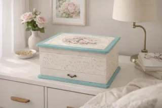 Joyero blanco y azul con diseño floral