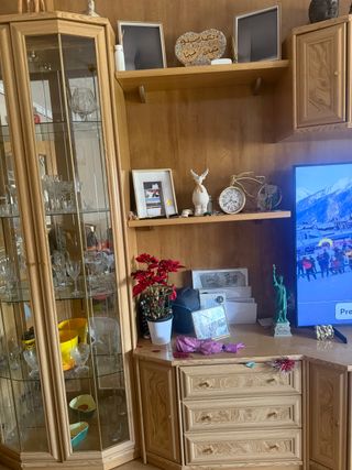 Mueble de salón de madera maciza y cristal