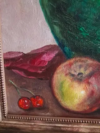 Cuadro al óleo: Jarra verde y frutas