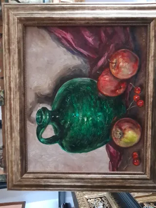Cuadro al óleo: Jarra verde y frutas