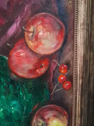 Cuadro al óleo: Jarra verde y frutas