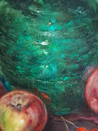 Cuadro al óleo: Jarra verde y frutas