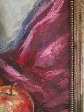 Cuadro al óleo: Jarra verde y frutas