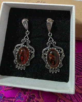 Pendientes Plata y Ámbar Marrón
