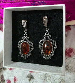 Pendientes Plata y Ámbar Marrón
