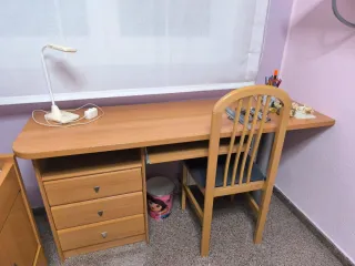 2 camas con escritorio y estanterías