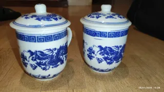 Taza porcelana dragón azul y blanco con tapa